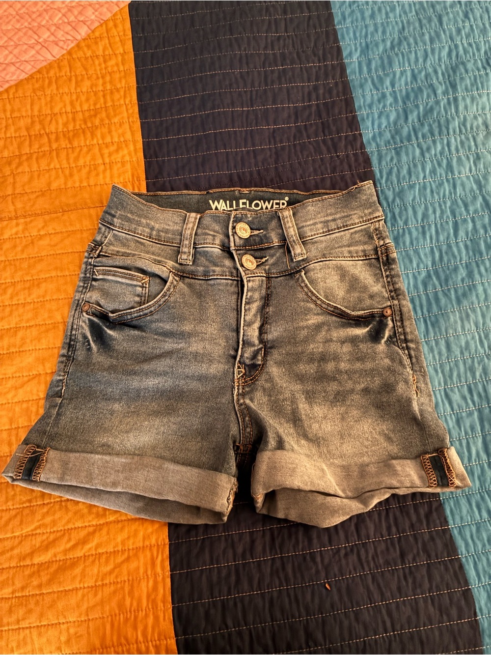 Wallflower Washed Light Blue Denim Roll-Cuff Shorts